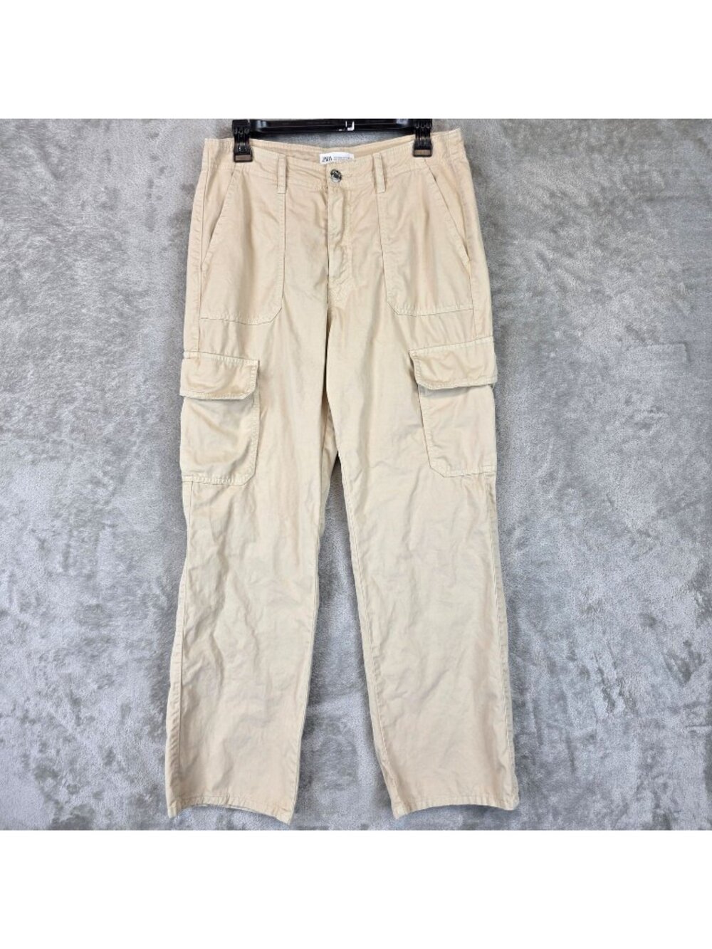 Zara Cargo Pants Womens 8 Beige Cotton Twill Straight Leg Relaxed Pockets Casual